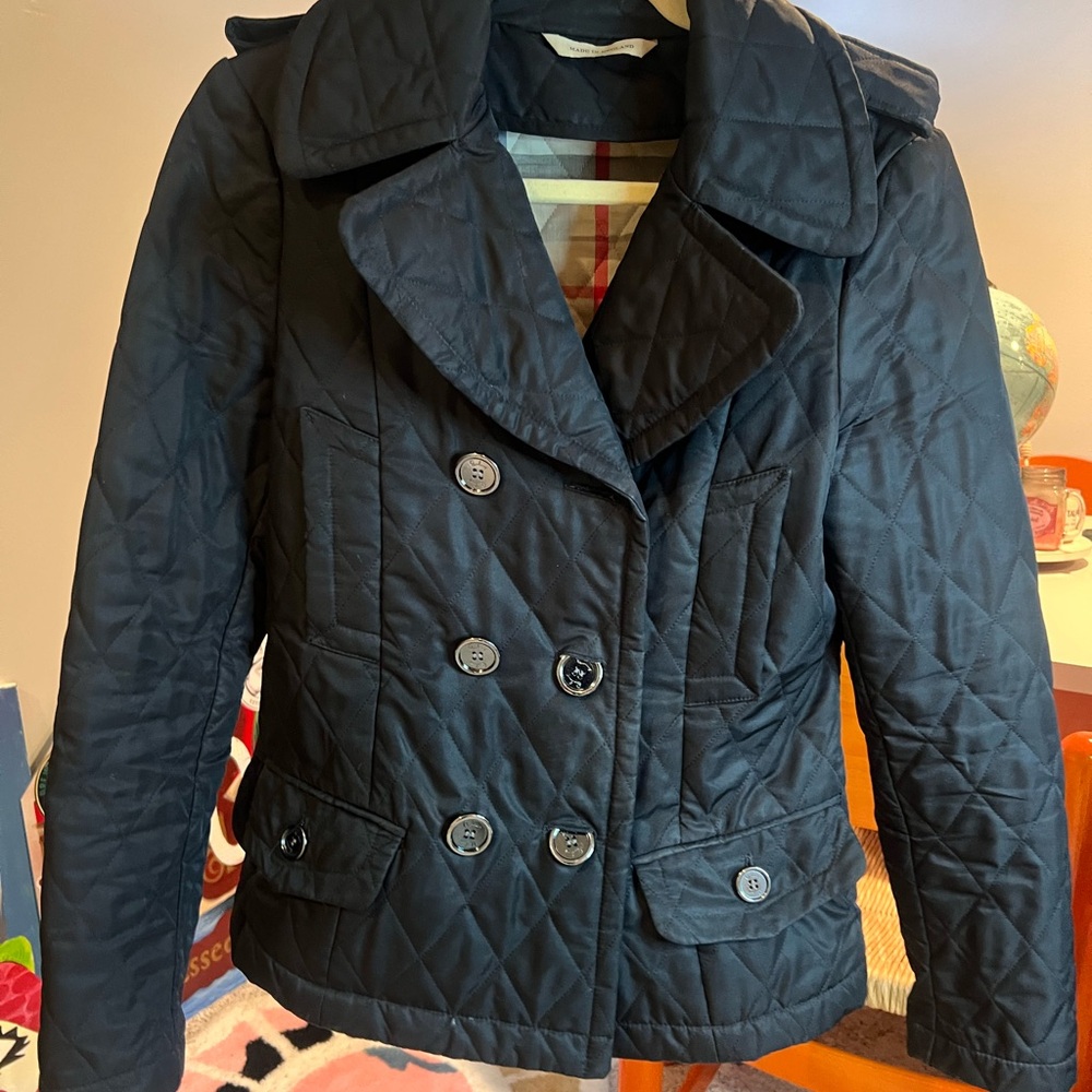 Burberry Black Pea Coat with Double Breasted Style and Wide Collar